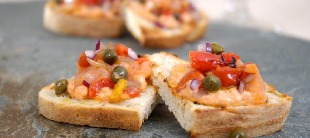 Smoked Salmon and Roasted Red Bell Pepper Bruschetta